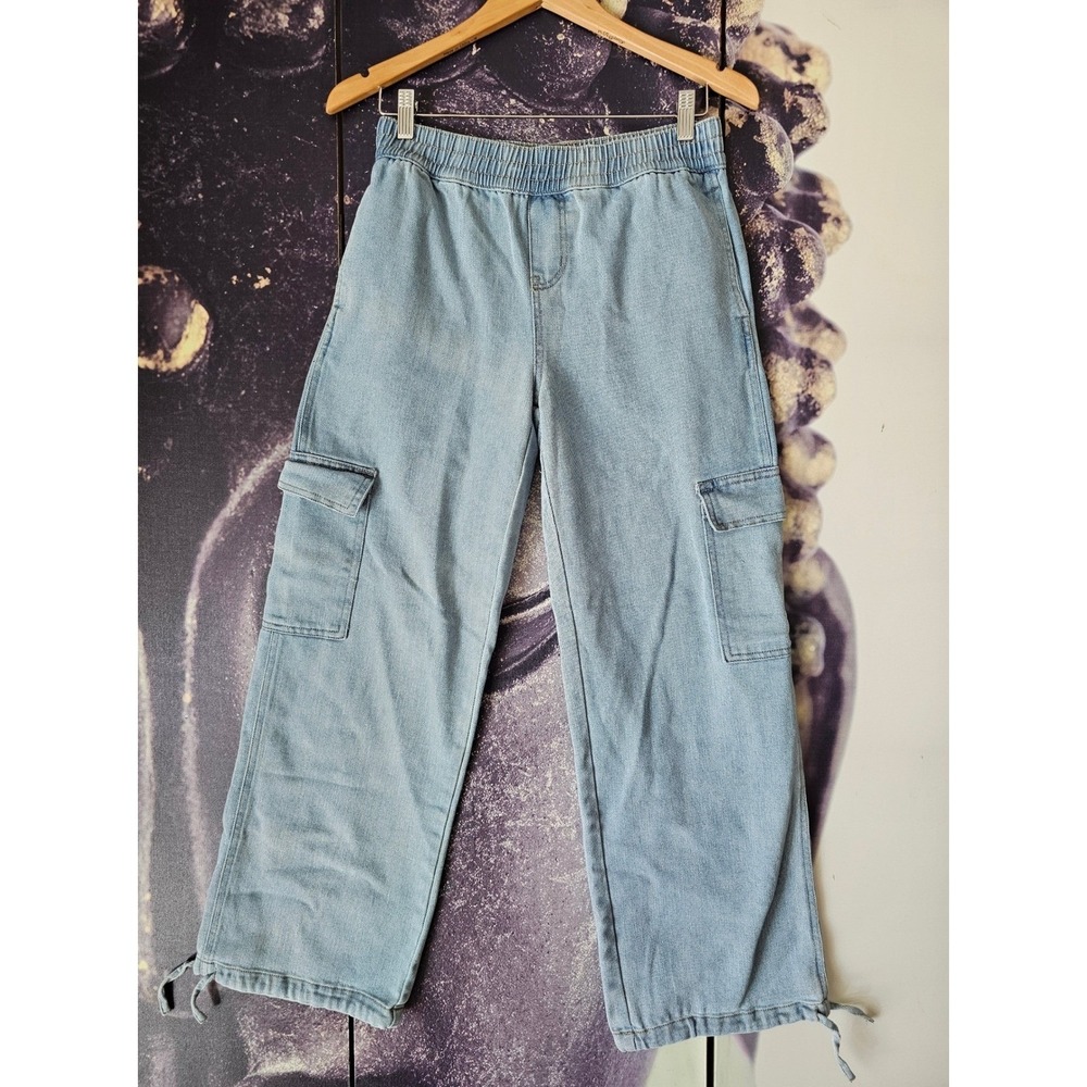 Vanilla Star Womens Light Wash Denim Cargo Pants Elastic Waist Wide Leg Small
